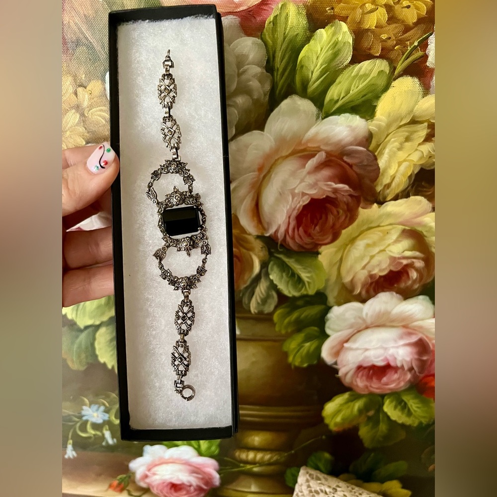 Vintage Art Deco German Silver Onyx Bracelet